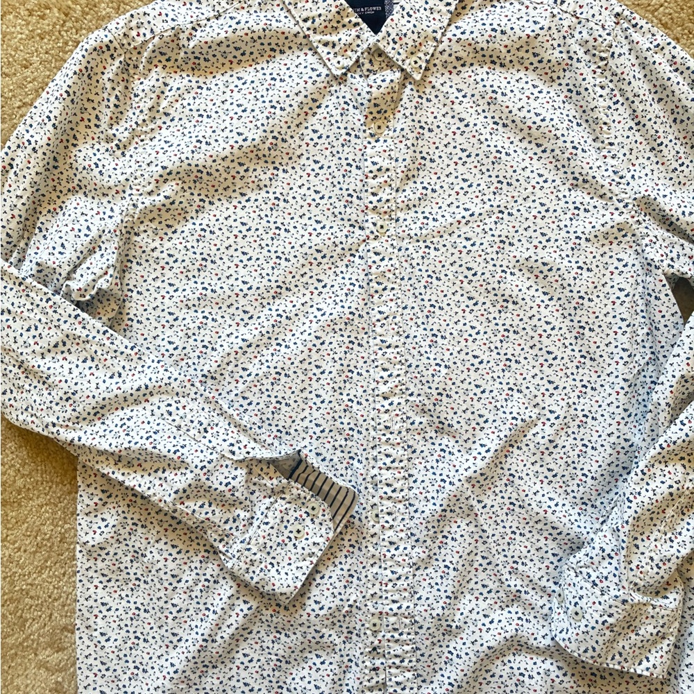 Denim & Flower Men's Casual Floral Shirt - White with Blue and Red XL